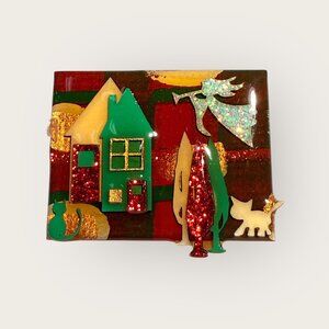 House Pins By Lucinda Christmas Brooch Angel Cat House Trees Glittery Vintage